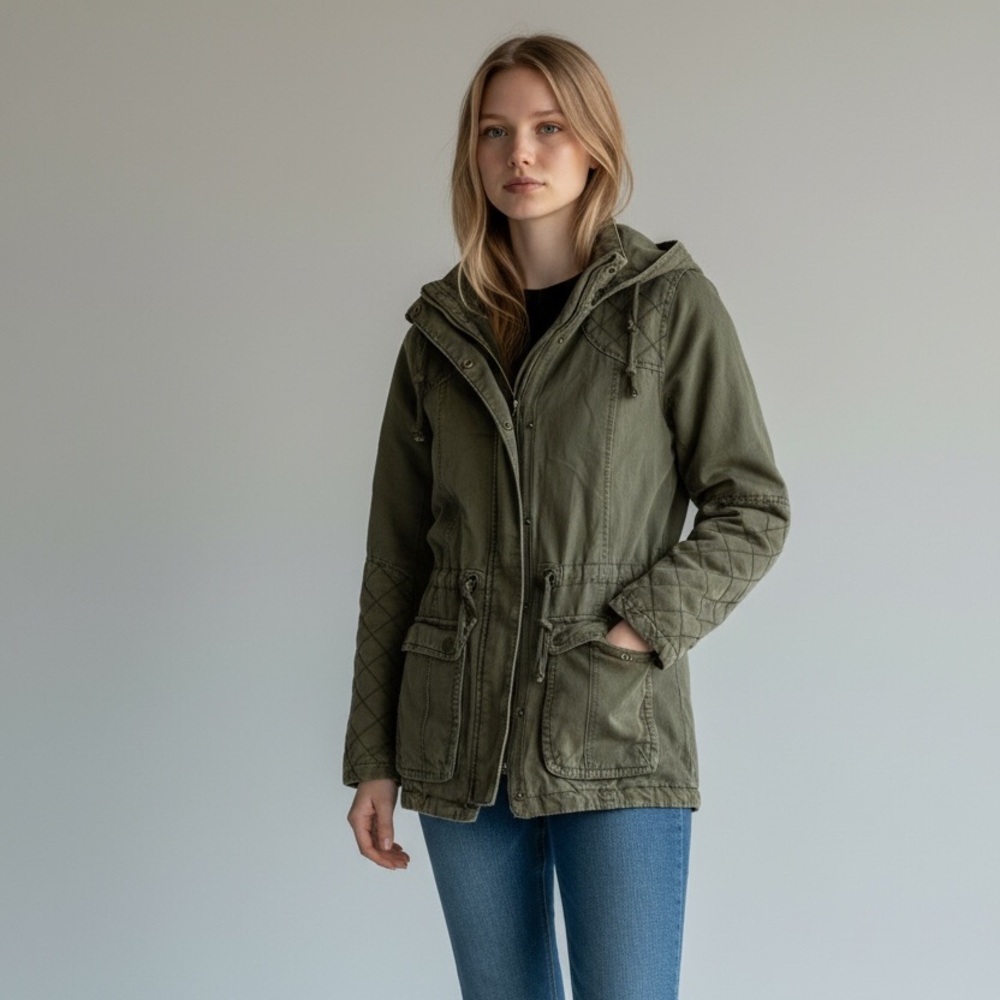 Prince & Fox Olive Green Utility Jacket XS Hooded Anorak Military Style Quilted